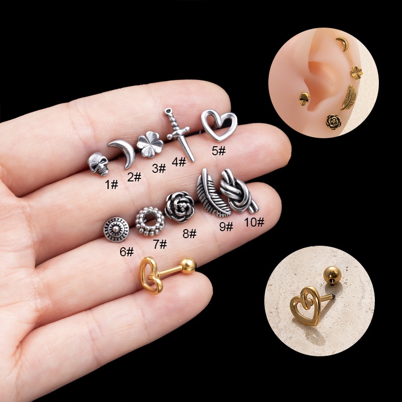 1biji Tengkorak Kepala Bulan Beruntung Bunga Hati Bulu Bentuk Tulang Rawan Anti Helix Tragus Tindik 16Gauge Stainless Steel Barbel Anting Stud