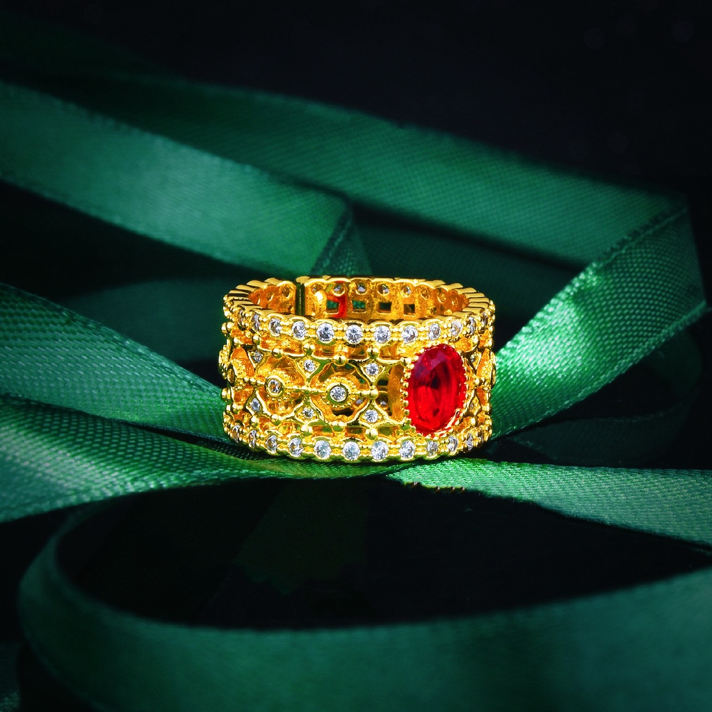 Goldkingdom Aksesoris Perhiasan Fashion Ready Stock Vintage Merpati Darah Ruby Cincin Emas Klasik Retro Antik Cincin Wanita Ujung Terbuka