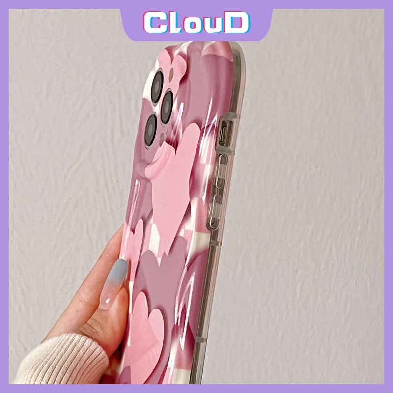 Casing 3D Wavy Curved Edge Gradient Love Heart Kompatibel Untuk iPhone 7Plus 14 11 13 12 Pro Max XR 76 8 6s Plus X XS Max SE 2020 Motif Kotak-Kotak Shockproof Glossy Soft Cover