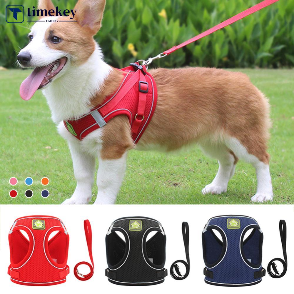 Timekey Dog Cat Harness Set Pet Rompi Reflektif Berjalan Dapat Disesuaikan Dengan Tali Harness Mesh Breathable Untuk Anjing Kecil Sedang A8C7