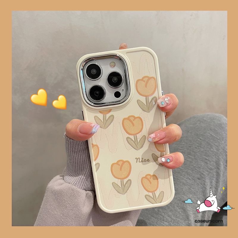 Casing Ponsel Kompatibel Untuk IPhone 7plus 8plus XR 11 14 12 13 Pro MAX X 7 8 Plus XS MAX Fresh Bunga Tulip Mewah Plating Electroplate Bingkai Lensa Logam Shockproof Soft Cover