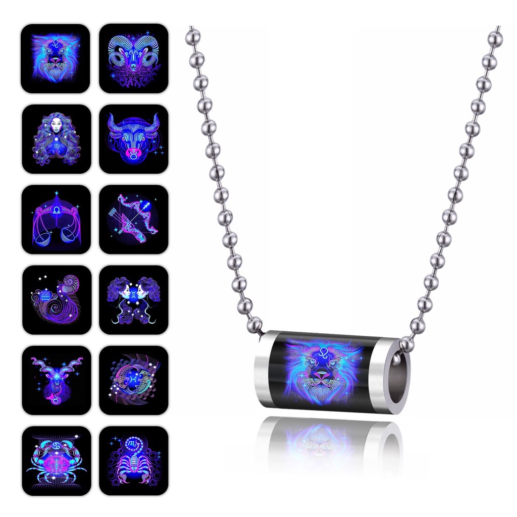 Kalung Liontin Tabung Zodiak 12 Rasi Bintang Horoscope Zodiac Rantai Bola Biji Lada Stainless Steel Aquarius Capricorn Cancer Leo Sagittarius Gemini Virgo Pisces Libra Taurus Aries Scorpio