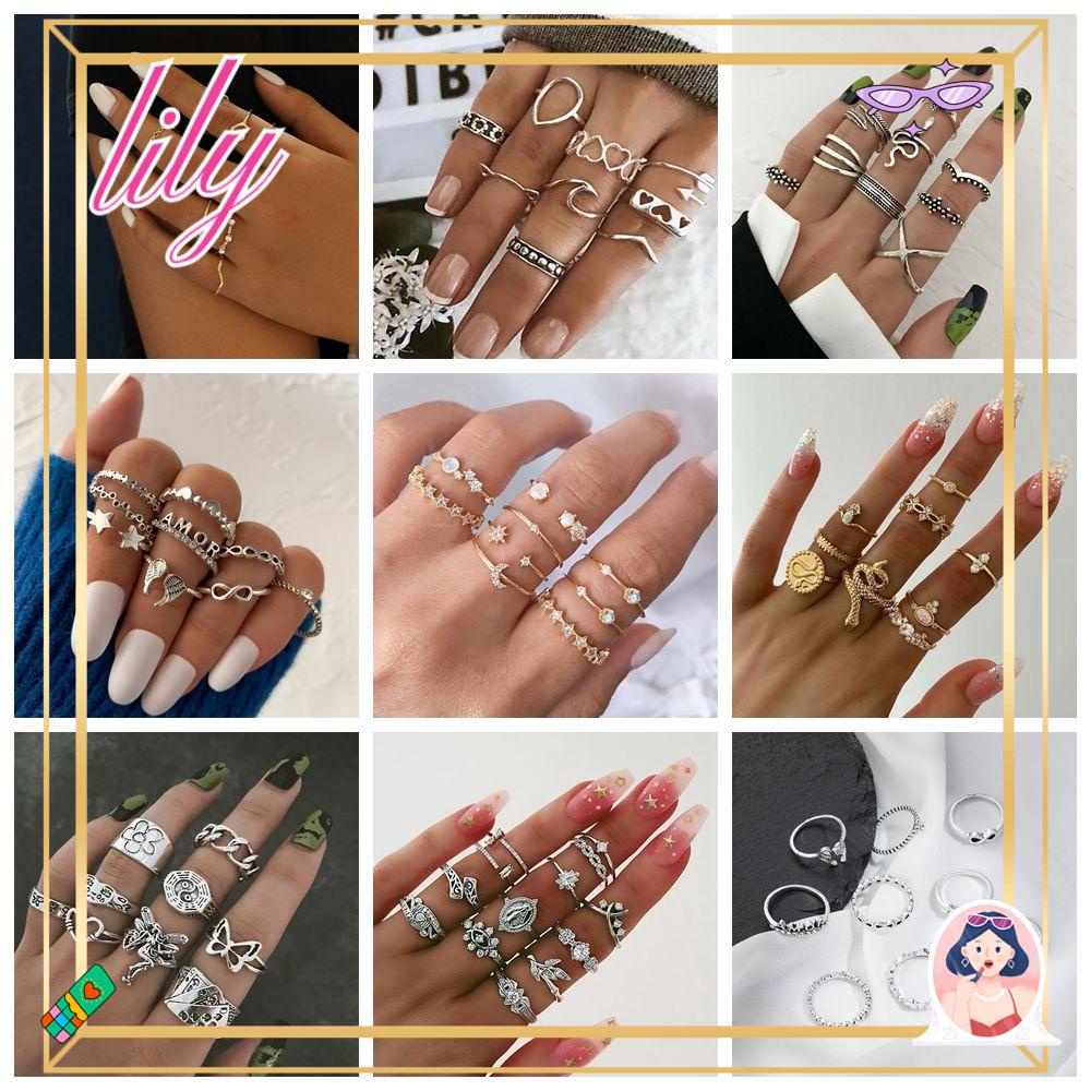 Lily 9 Pcs Kupu-Kupu Sudut Bunga Baru Vintage Gothic Multi Elemen Cincin Set