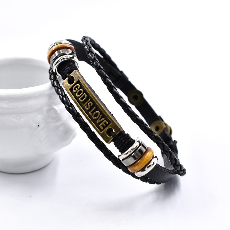 [X C Gelang] Baru Emas Itu Cinta Surat Gelang Kulit Hitam Vintage Hip Hop Punk Gelang Kulit Cuffles Manik-Manik Multilayer Zinc Alloy Anyaman Gelang