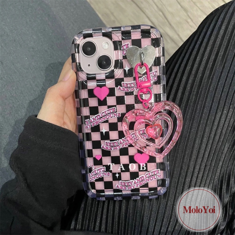 3d Cinta Hati Liontin Case Kompatibel Untuk IPhone 7Plus XR 11 14 13 12 Pro MAX 6 6S Plus X XS MAX Kawaii Korea Lucu Kotak-Kotak Kisi Shockproof Bening Lembut TPU Airbag Penutup Belakang