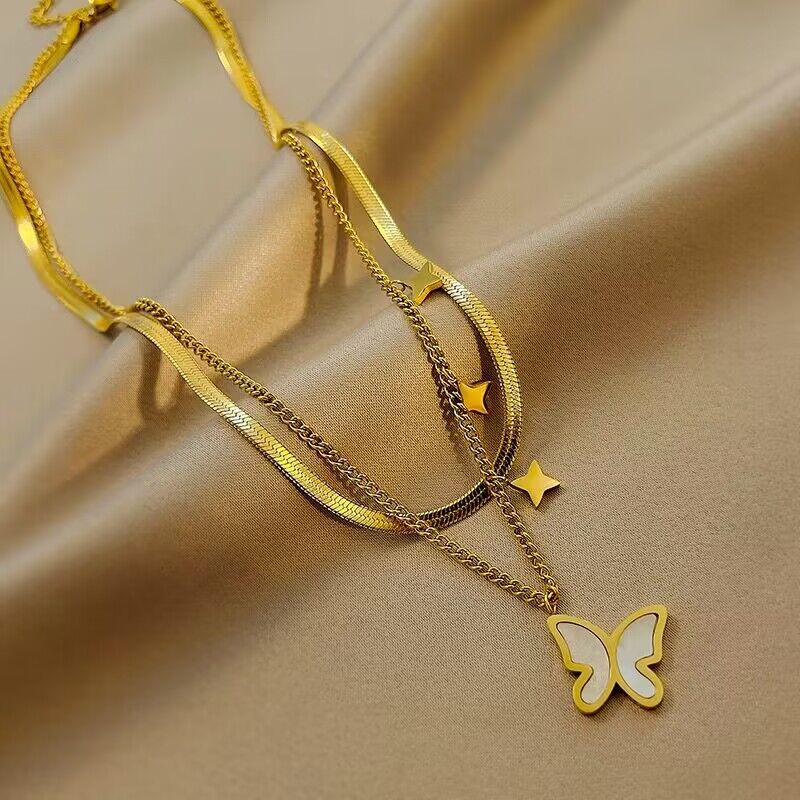 Fashion Liontin Kupu-Kupu Baja Titanium Emas Kalung Lapisan Ganda