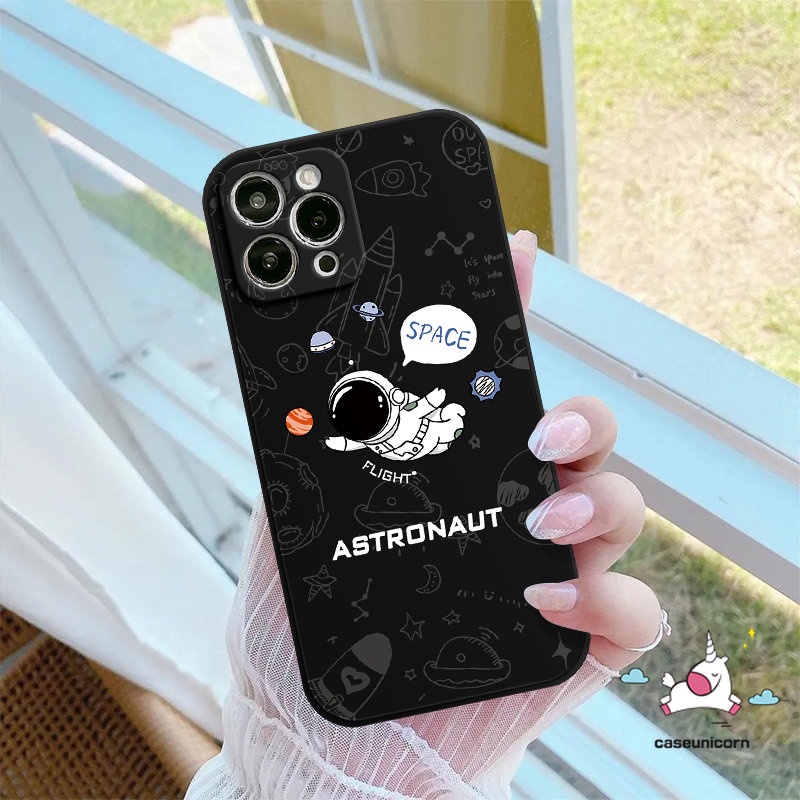 Fashion Pasangan Indah Tepi Lurus Case Kompatibel Untuk iPhone 7Plus 11 13 12 14 Pro Max XR 6 7 8 6S Plus X XS Max SE 2020 Kartun NASA Ruang Lucu Astronot Tpu Soft Cover