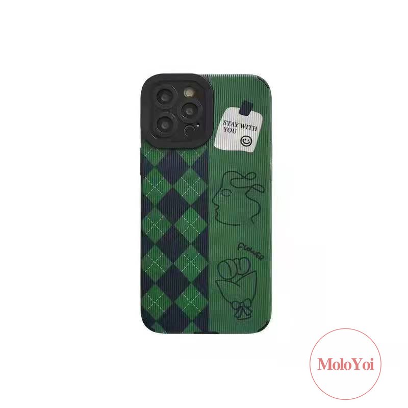 IPHONE Houndstooth Case Ilustrasi Wajah Artistik Kompatibel Untuk Iphone7 8 Plus11 14 12 13 Pro Max 7Plus XR XS X Max 11 Pro Max Tekstur Kulit Mewah Shockproof Tpu Cover