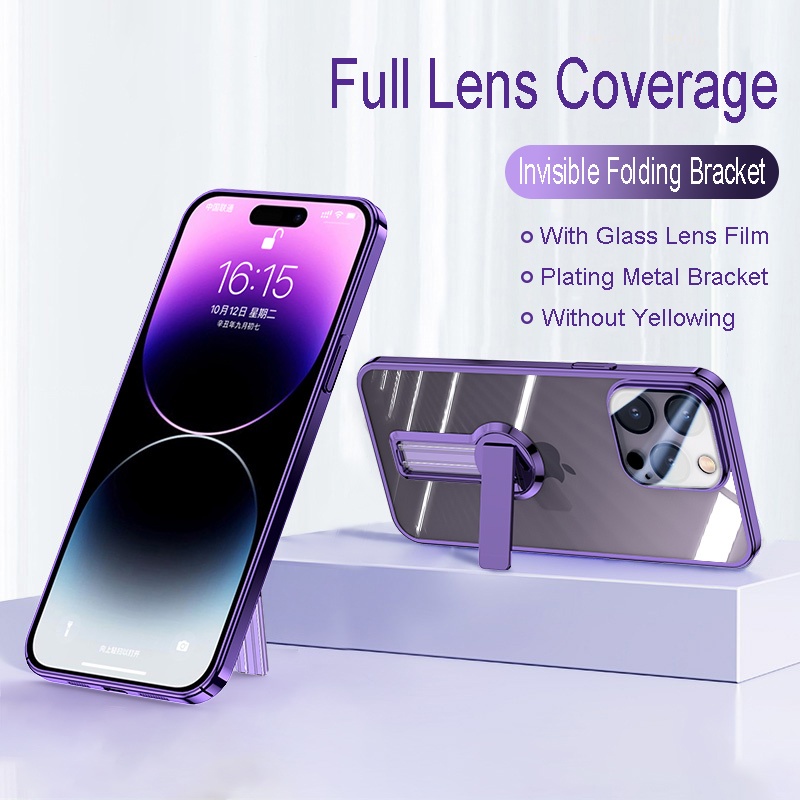 Luxury electroplated Shockproof phone case Cocok Untuk iPhone14 Pro13 12 Pro Max Transparan cover Braket Lipat Perlindungan Lensa Ponsel Transparan Lembaran Kaca Lubang Halus