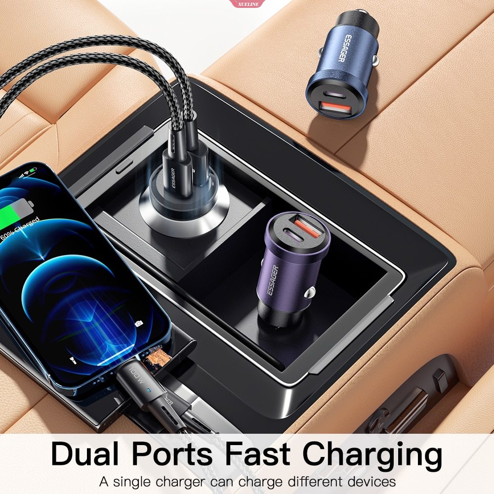 Essager Charger Mobil USB 30W Quick Charge4.0 QC PD 3.0 SCP 5A USB Type C Car Fast Charging Untuk Huawei Samsung Xiaomi [ZXL]