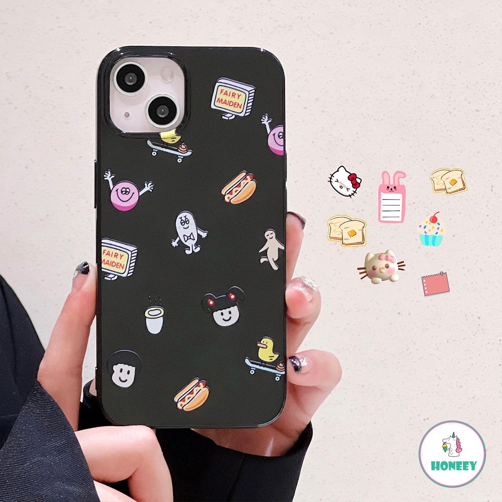 IPHONE Kartun Lucu Stiker Layar Penuh Ponsel Case Kompatibel Untuk Apple14 Untuk Iphone11 13 14 12 Pro Max XS XR 78 Plus Hitam Glossy Lembut TPU Shockproof Cover