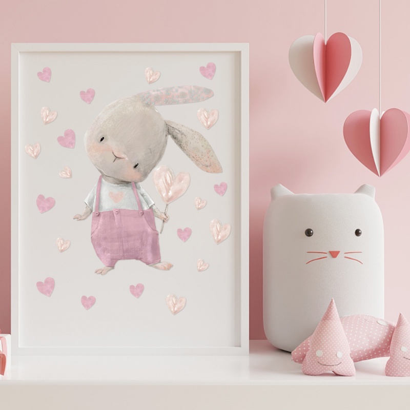 60*40cm Kamar Anak Hias Lucu Bunny Hearts Wall Sticker/Nursery Kawaii Kartun Kelinci Wallpaper Dekorasi