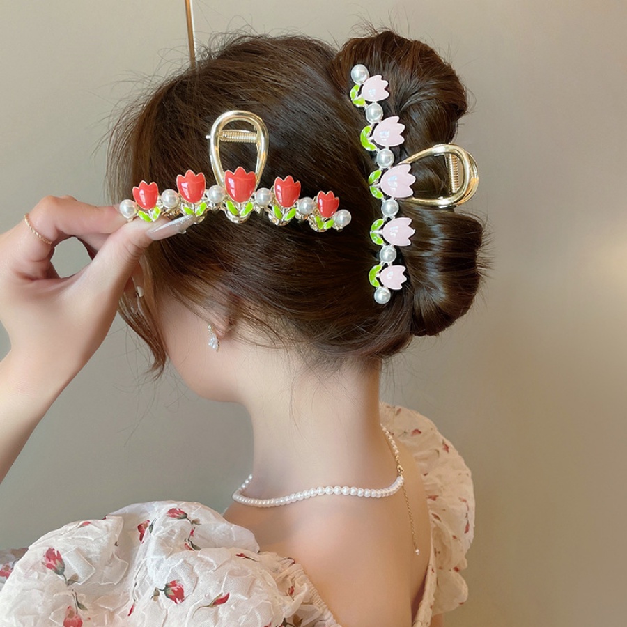 Baru Paduan Tulip Mutiara Rambut Klip Wanita Manis Lucu Bunga Ponytail Holder Hairpin Aksesoris Rambut