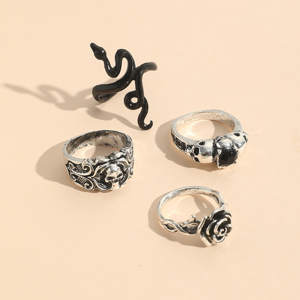 Gothic Fashion Skeleton Hovering Snake Ring Untuk Wanita Pria Punk Rose Skull Unisex Rings Perhiasan Aksesoris Hadiah Pesta