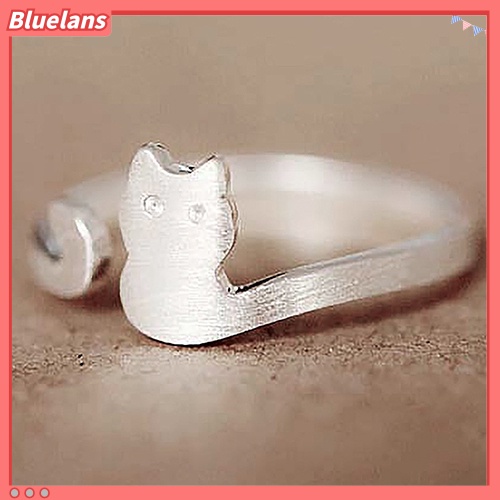 [BLS] Wanita Fashion Perhiasan Hadiah Xmas Kartun Kucing Sliver Disepuh Terbuka Dapat Disesuaikan Cincin
