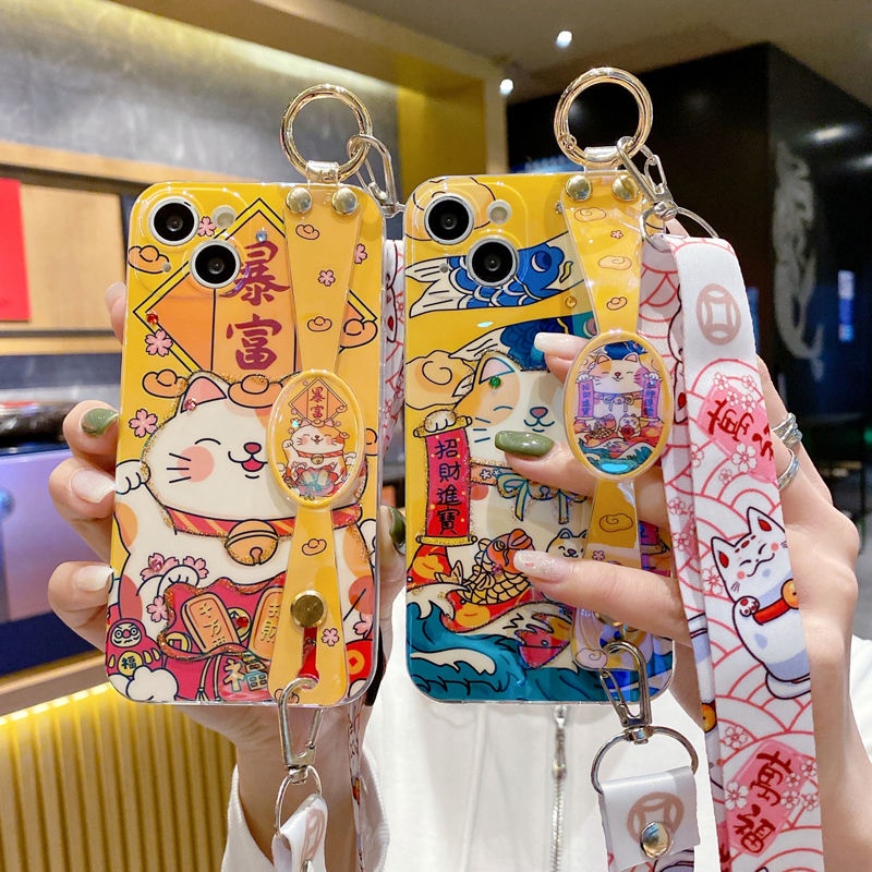 IPHONE Zhaocai Cat Dropstick Wrist Strap Crossbody Desain Phone Case Kompatibel Dengan Iphone12 13 14 11 Pro Max X Xs Max Xr Hhgtr