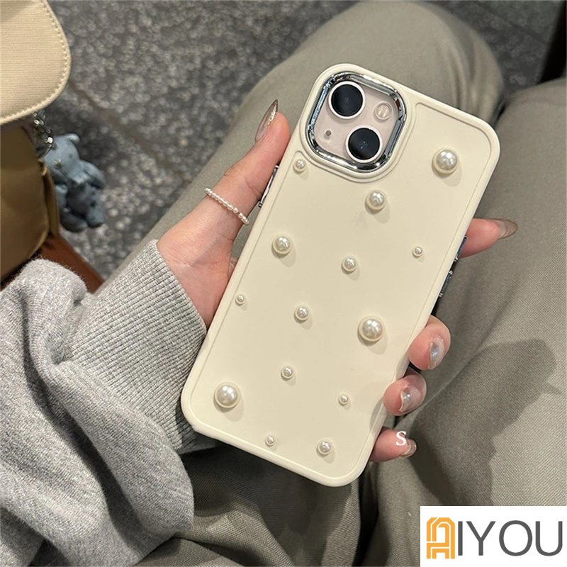 IPHONE Ins Korea Lucu 3D Mutiara Putih Kreatif Telepon Case Untuk Iphone14 13 12 11 Pro Max X XR Plating Lensa Pelindung Soft Cover