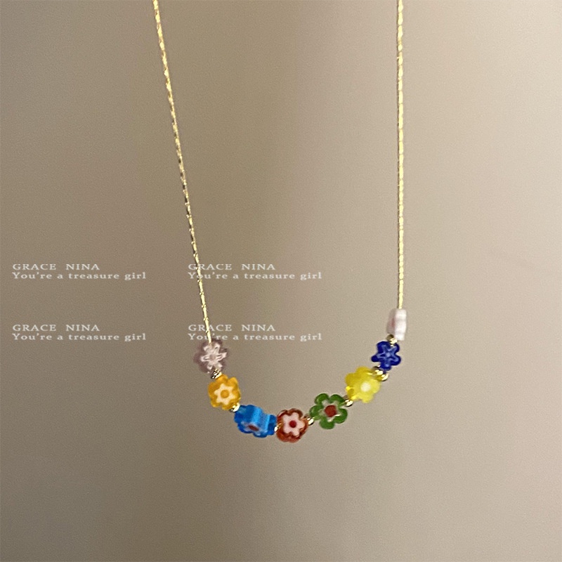 Musim Panas Gaya Baru Warna-Warni Bunga Manik-Manik Kalung Perempuan Segar All-Match Desain Manis Rantai Klavikula