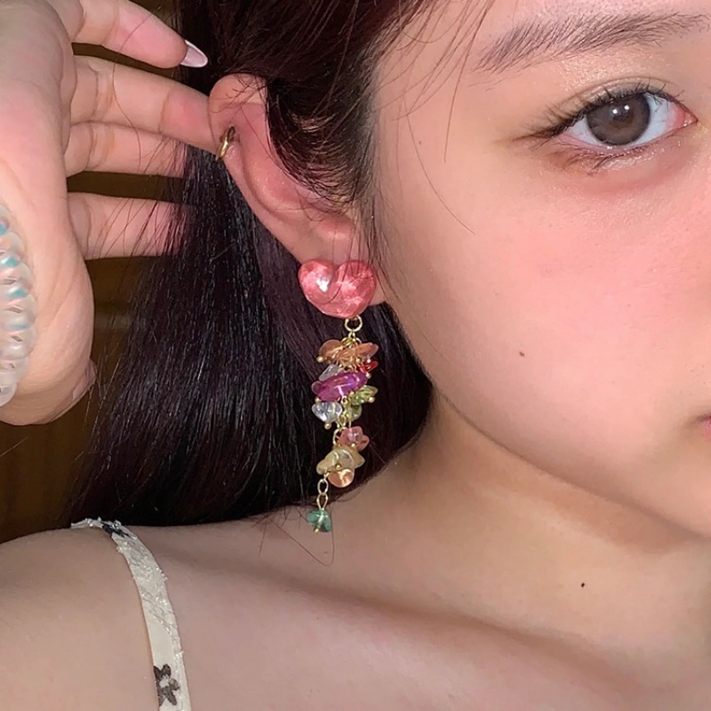 Ins Gaya Kristal Bentuk Hati Menjuntai Anting-Anting/Temperamen Manis Merah Muda Cinta Batu Rumbai Drop Anting-Anting Perhiasan Fashion