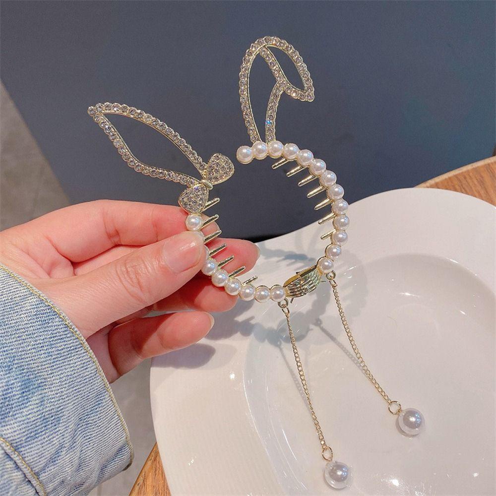 Agustina Bun Ponytail Holder Elegan Hiasan Kepala Vintage Sayap Hair Clip Gadis Jepit Rambut Rumbai Telinga Kelinci Kristal Korea Hair Claw