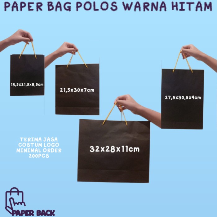 Paper Bag Hitam Polos Siap Pakai / Tas Kado Kraft Hitam Perlusin