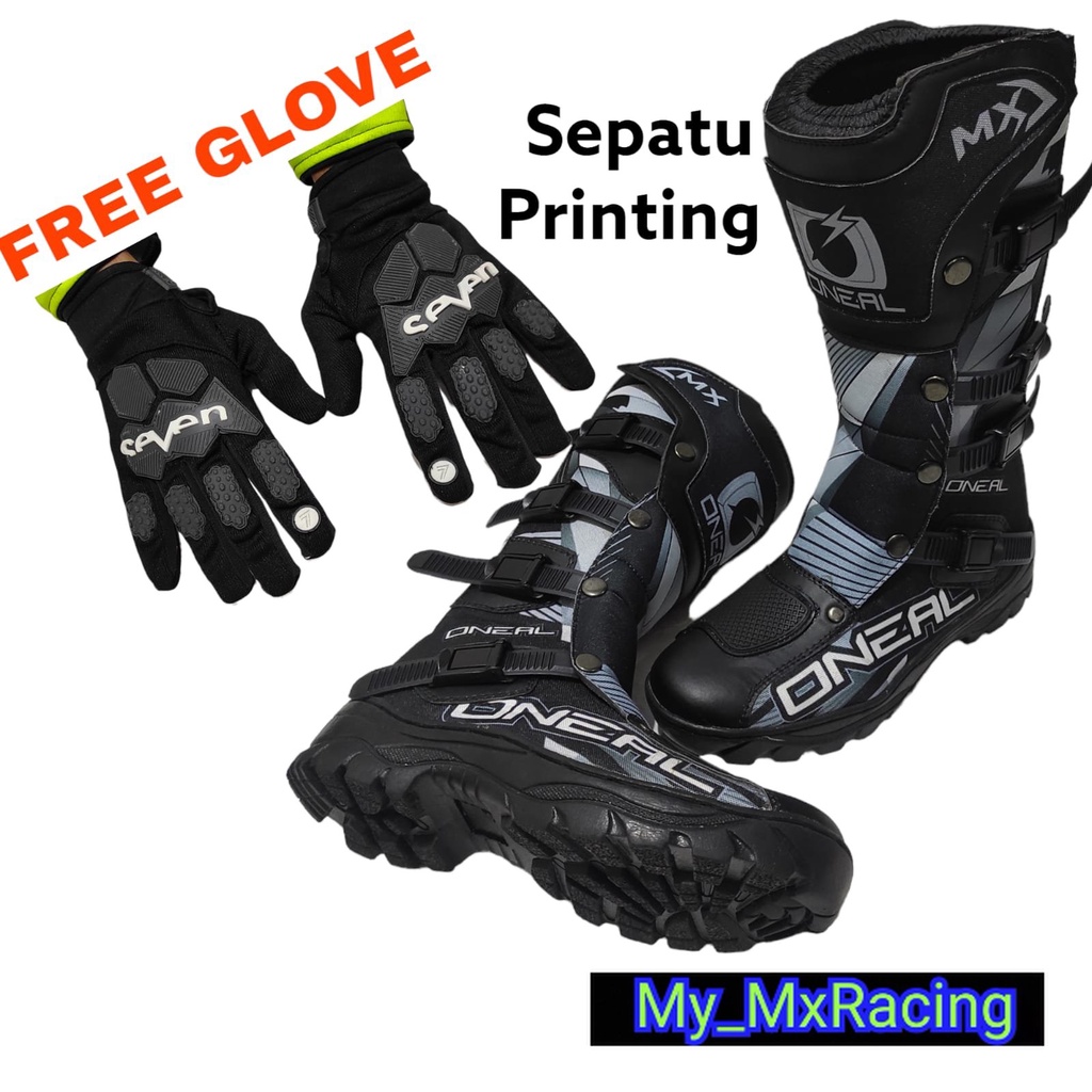 sepatu trail cross ful printing FREE GLOVE dengan desain menarik sepatu BLACK adventure trabas bots safety kombinasi piyu dan condura print