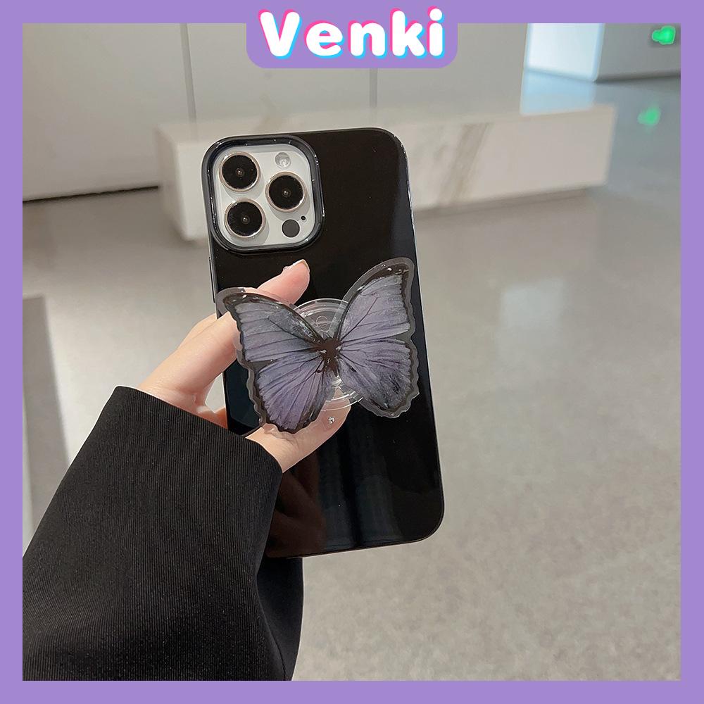 VENKI - Untuk iPhone 14 Pro Max iPhone Case dengan Dudukan Lipat Kupu-kupu Pegangan Bening Hitam Glossy TPU Soft Case Shockproof Kompatibel dengan iPhone 13 Pro max 12 Pro Max 11 xr xs max 7