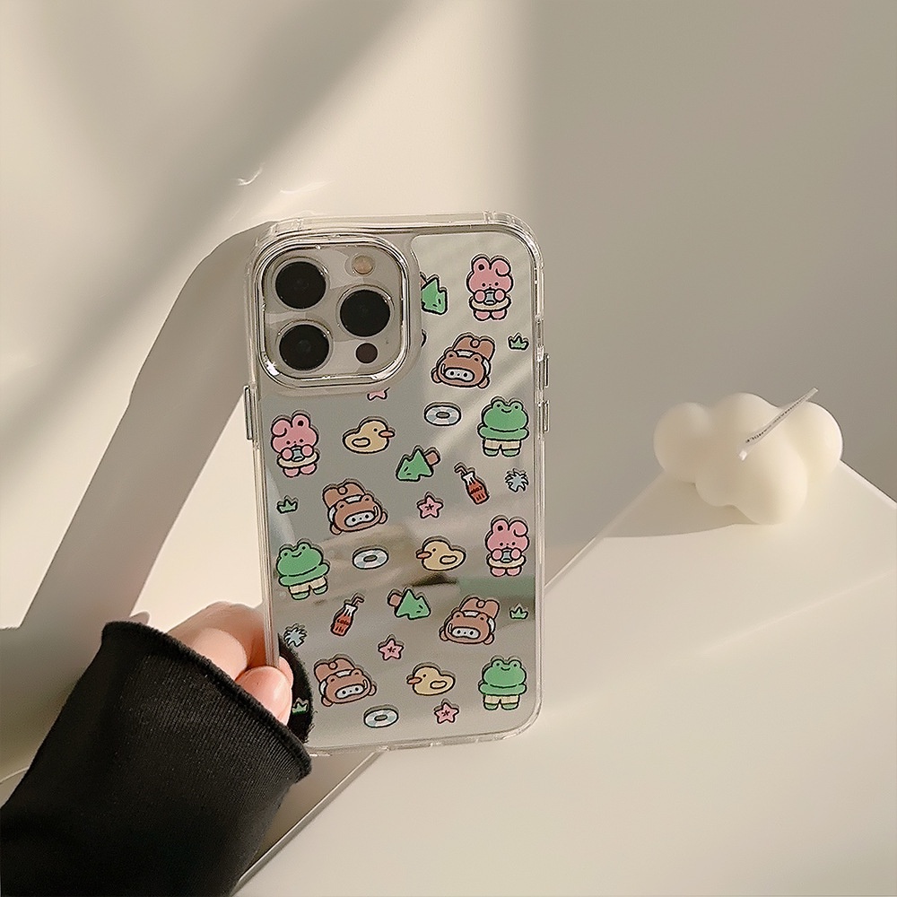 IPHONE Ins Kartun Lucu Hewan Kecil Dilapisi Kamera Bingkai Ponsel Cermin Rias Make up Case Cover Untuk Iphone11 12 13 14 PRO MAX