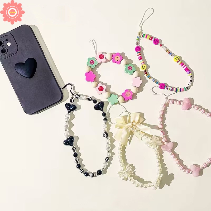 Charm Multicolor Resin Heart Bowknot Mobile Phone Chains for Women Girls Telephone Jewelry Strap Beaded Lanyard Hanging Cord