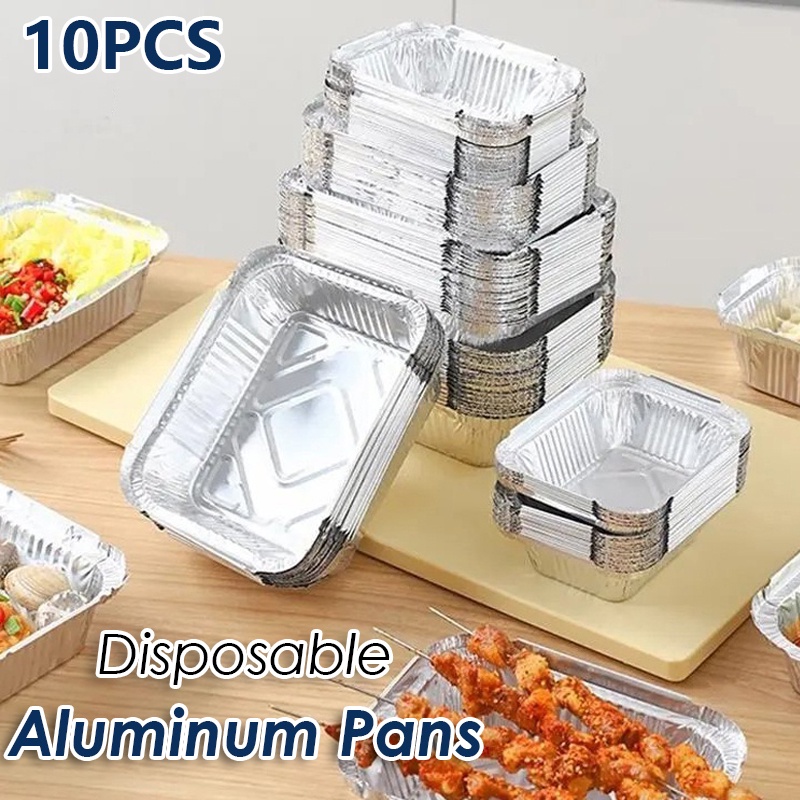 10pcs Panci Aluminium Foil Tebal Wadah Makanan Tahan Minyak Air Fryer Tray Non-Stick Steaming Tray Tahan Panas Mangkuk Foil Timah Untuk Baking BBQ Piknik Takeout