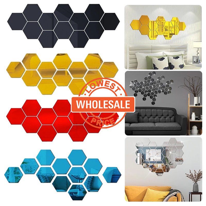 [Grosir] Removable DIY Dekorasi Rumah/Perekat Diri Geometris Cermin Stiker Dinding/Mosaic Tiles Art Decals Mirror Sticker/Colorful 3D Hexagon Acrylic Mirror Wall Stickers