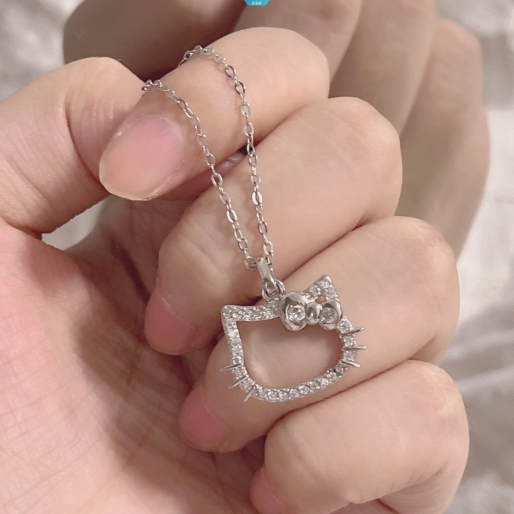 Sanrio Kalung Hello Kitty Kawaii Lucu Kartun Klavikula Rantai Berlian Cincin Liontin Sterling Silver Gadis Manis Hadiah Ulang Tahun [ZK]