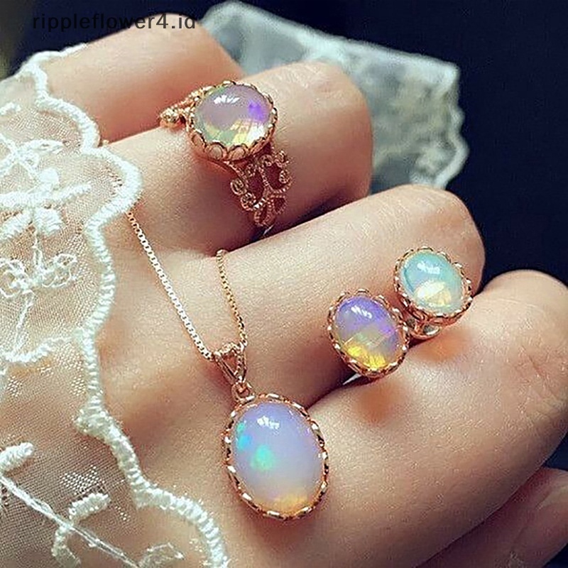 {rippleflower4.id} Aurora Oval Zirkon Kalung Anting Cincin Set Perhiasan Wanita Romantis Lapis Emas Imitasi Opal Hadiah Aksesoris~