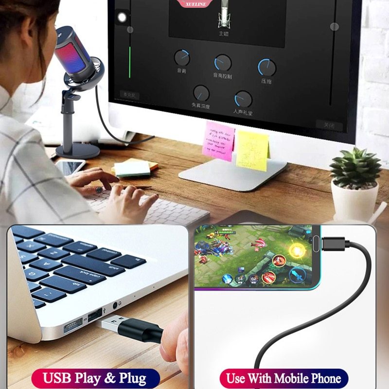 Mikrofon USB Untuk Rekaman Dan Streaming Komputer Tombol Mute Tabletop Professional Hypercardioid Microphone Dengan RGB [ZXL]