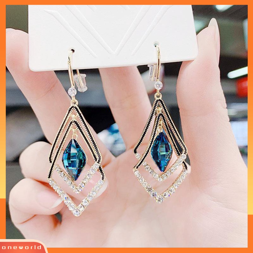 [WOD] 1pasang Anting Wanita Double Layer Belah Ketupat Berlian Imitasi Perhiasan Berkilau Electroplated Hook Earrings Untuk Perjamuan