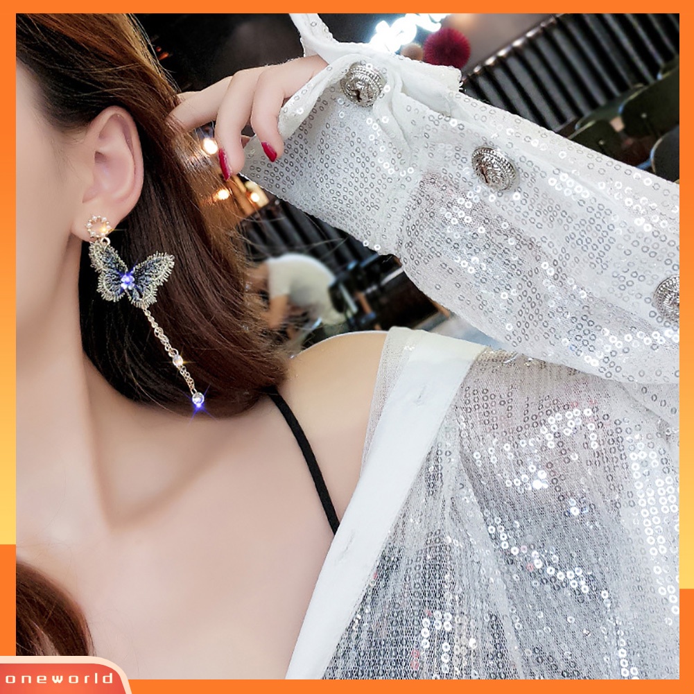 [WOD] Wanita Fashion Kupu-Kupu Berlian Imitasi Rumbai Panjang Menjuntai Stud Earrings Perhiasan Hadiah