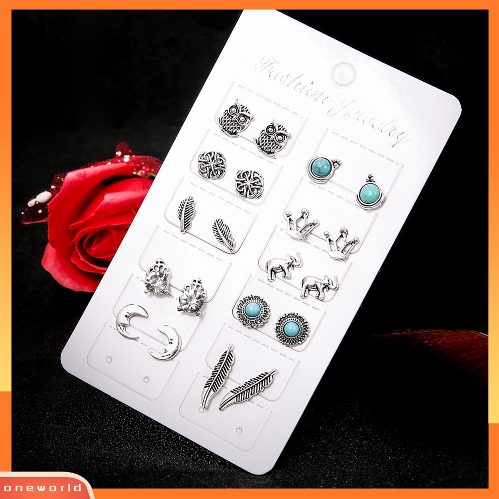 [WOD] 10pasang Wanita Berlian Imitasi Mahkota Gajah Burung Hantu Daun Telinga Studs Earrings Jewelry