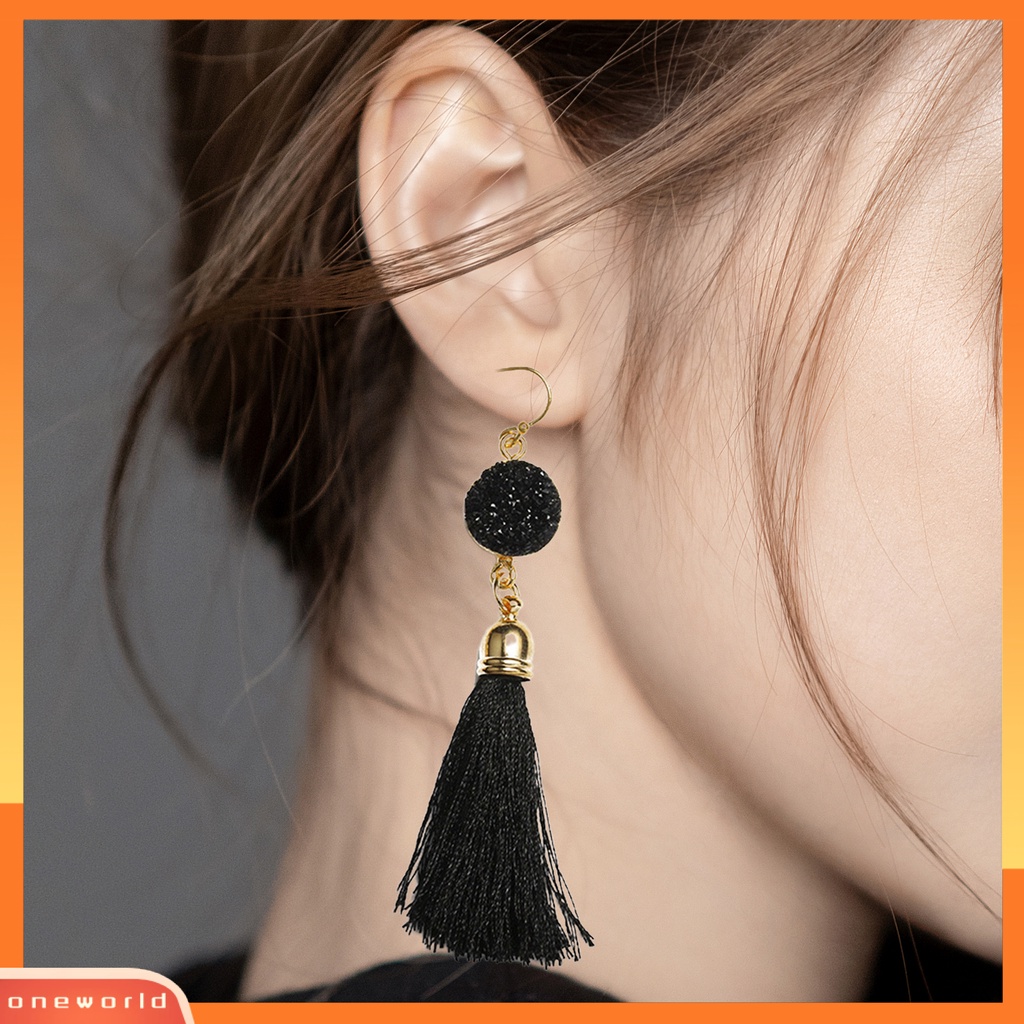 [WOD] 1pasang Anting Kait Bohemian Katun Ringan Garis Pinggiran Desain Menjuntai Earrings Aksesoris Telinga