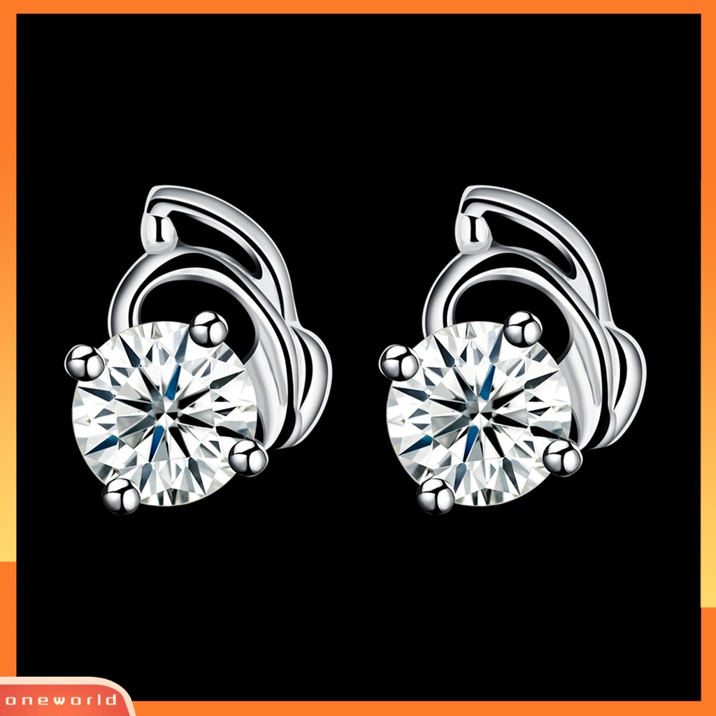 [WOD] 1pasang Anting Wanita Cubic Zirconia Halus925Silver Shiny Silver Color Stud Earring Untuk Outdoor