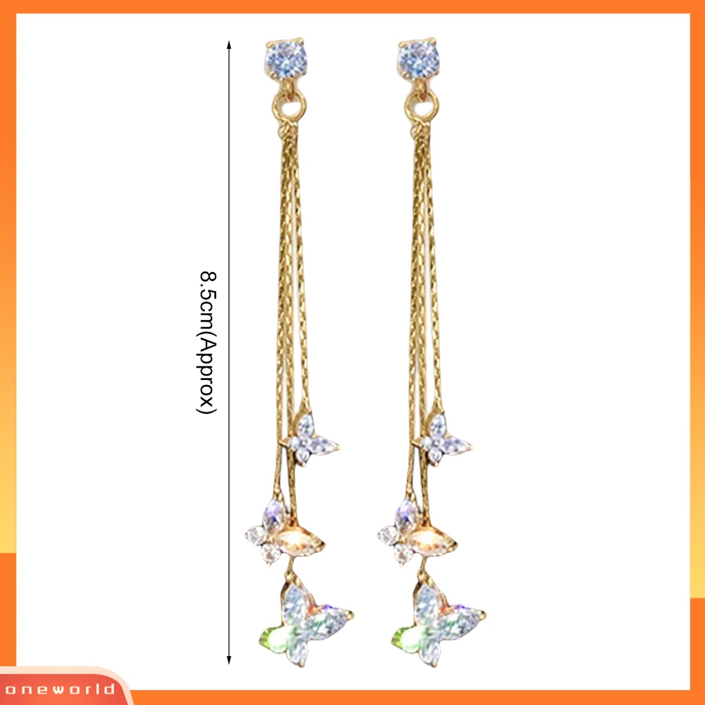 [WOD] 1pasang Wanita Linear Anting Gaya Bohemia Mengkilap Cubic Zirconia Rumbai Bentuk Kupu-Kupu Drop Earrings Perhiasan Pacaran