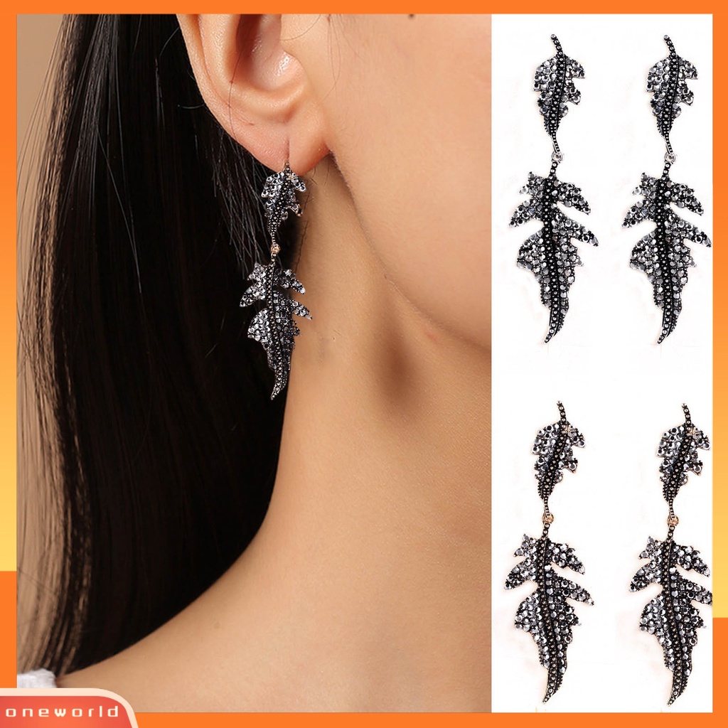 [WOD] 1pasang Wanita Drop Anting Bentuk Daun Berlian Imitasi Perhiasan Vintage Berlebihan Menjuntai Anting Hadiah Ulang Tahun
