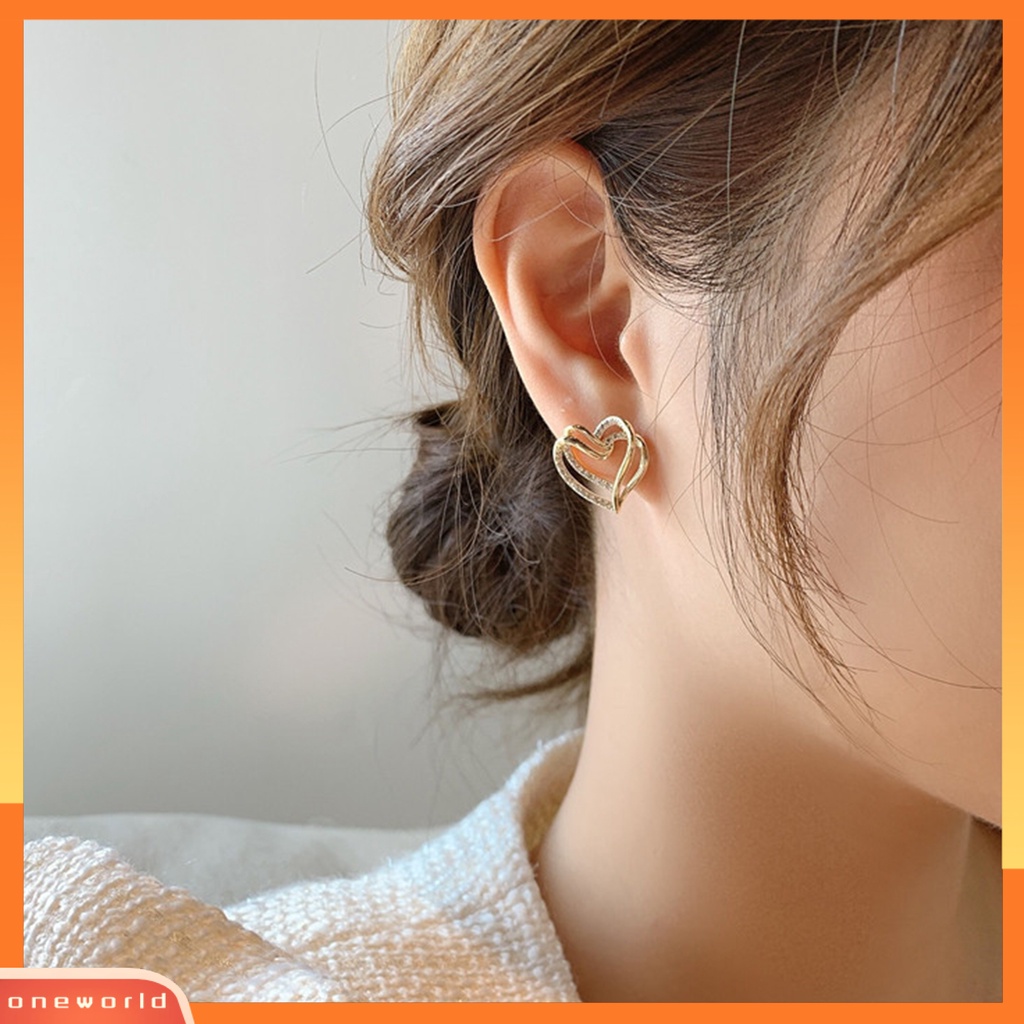 [WOD] 1pasang Lady Stud Earrings Mewah Berlian Imitasi Mengkilap Bentuk Hati Double-layer Bridal Earrings Perhiasan Perempuan