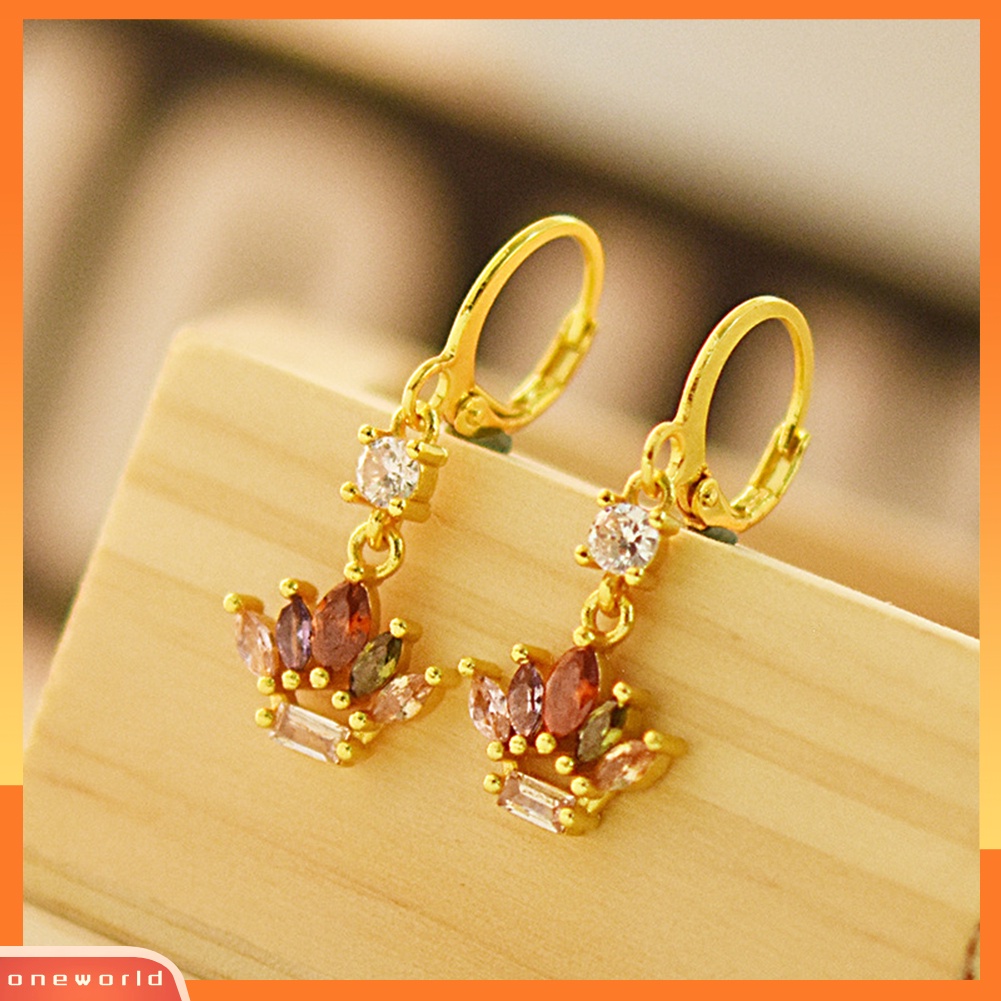 [WOD] Wanita Multicolor Berlian Imitasi Bertatahkan Mahkota Menjuntai Leverback Earrings Perhiasan Hadiah