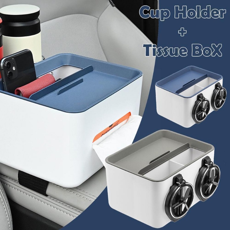 【COD】Kotak Tisu Multifungsi Dengan 2 Cup Holder Untuk Sandaran Tangan Mobil Kotak Tissue Organizer Multi-function Car Storage Box Car