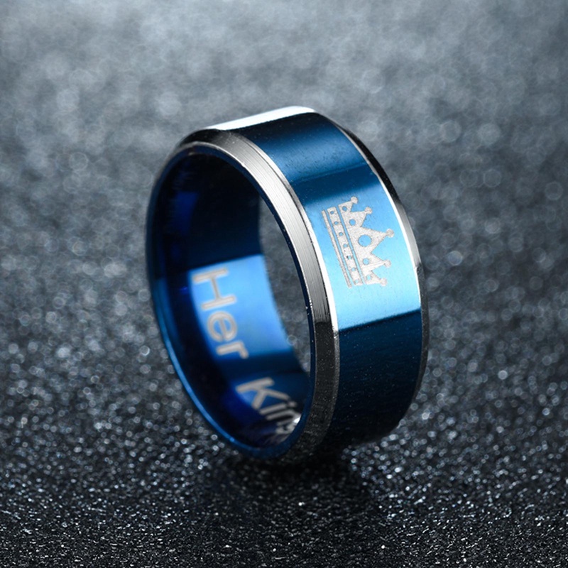 Cincin Baja Titanium Mahkota Surat Biru 8 mm Baru Cincin Pasangan Raja Dan Ratu Untuk Pecinta Cincin Tunangan Lamaran Perhiasan