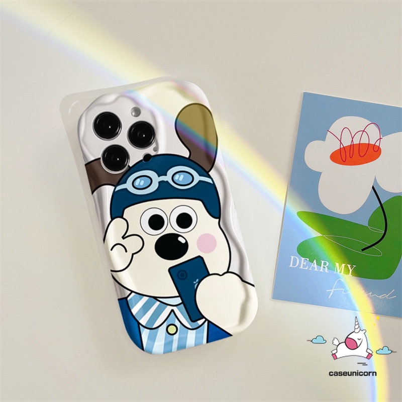 Pasangan Case Ponsel Kartun Kompatibel Untuk iPhone 7Plus XR X13 11 12 14 Pro Max 6 7 8 6s Plus XS Max SE 2020lucu Selfie Gromit Dog 3D Wavy Curved Edge Shockproof Glossy Soft Cover