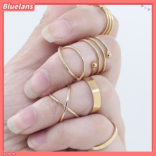 [BLS] 6pcs /Set Wanita Golden Tone Stack Polos Slim Band Midi Ring Spiral Knuckle Rings
