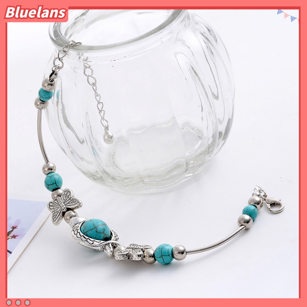 [BLS] Kupu-kupu Dekorasi Adjustable Unisex Gelang Alloy Handmade Turquoises Beads Retro Gelang Perhiasan Aksesoris