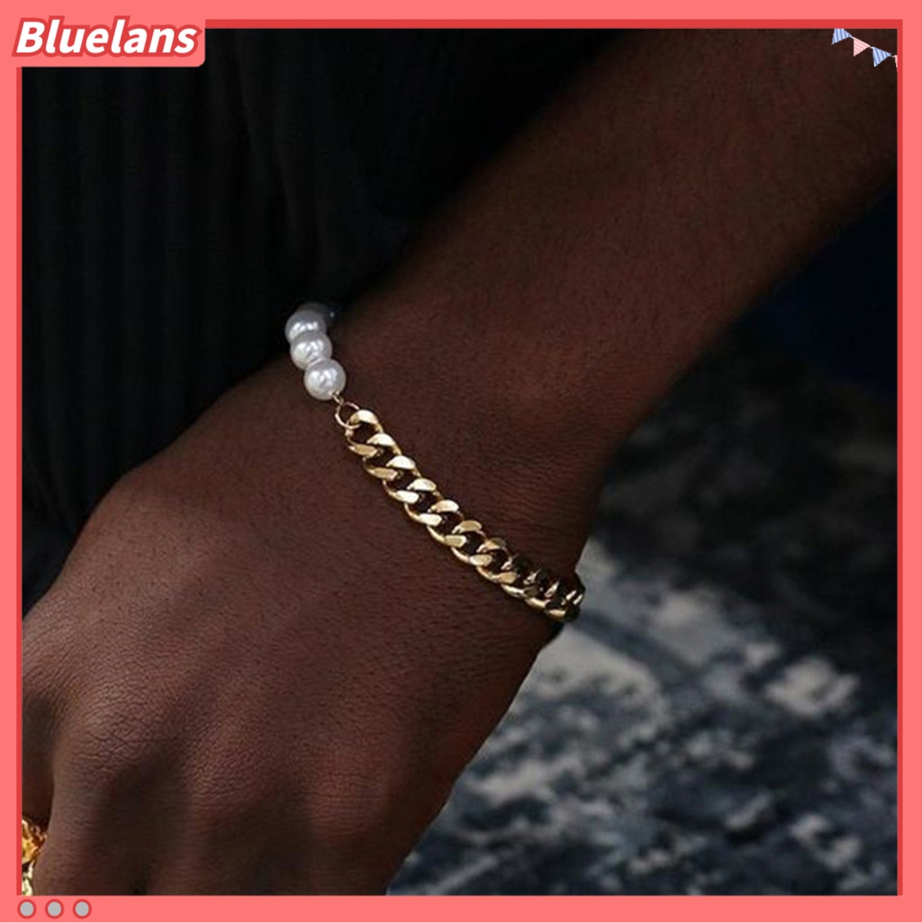 [BLS] Gelang Pria Penampilan Sederhana Hip-hop Fashion Perhiasan Mutiara Imitasi Rantai Kuba Splicing Bangle Untuk Kehidupan Sehari-Hari