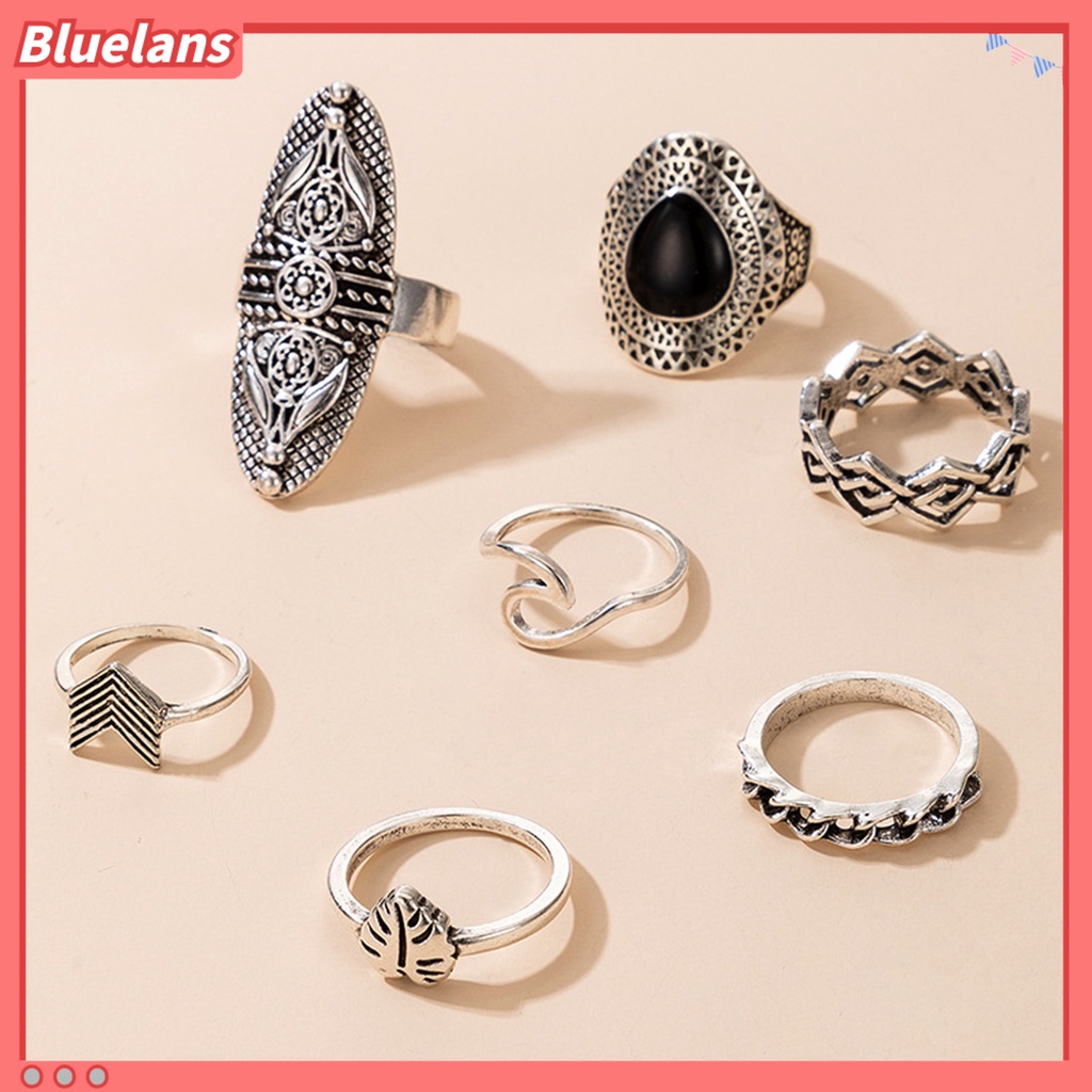 [BLS] 7pcs Cincin Bohemian Wanita Anti Tarnish Geometris Permata Imitasi Jari Cincin Set Perhiasan Untuk Pesta